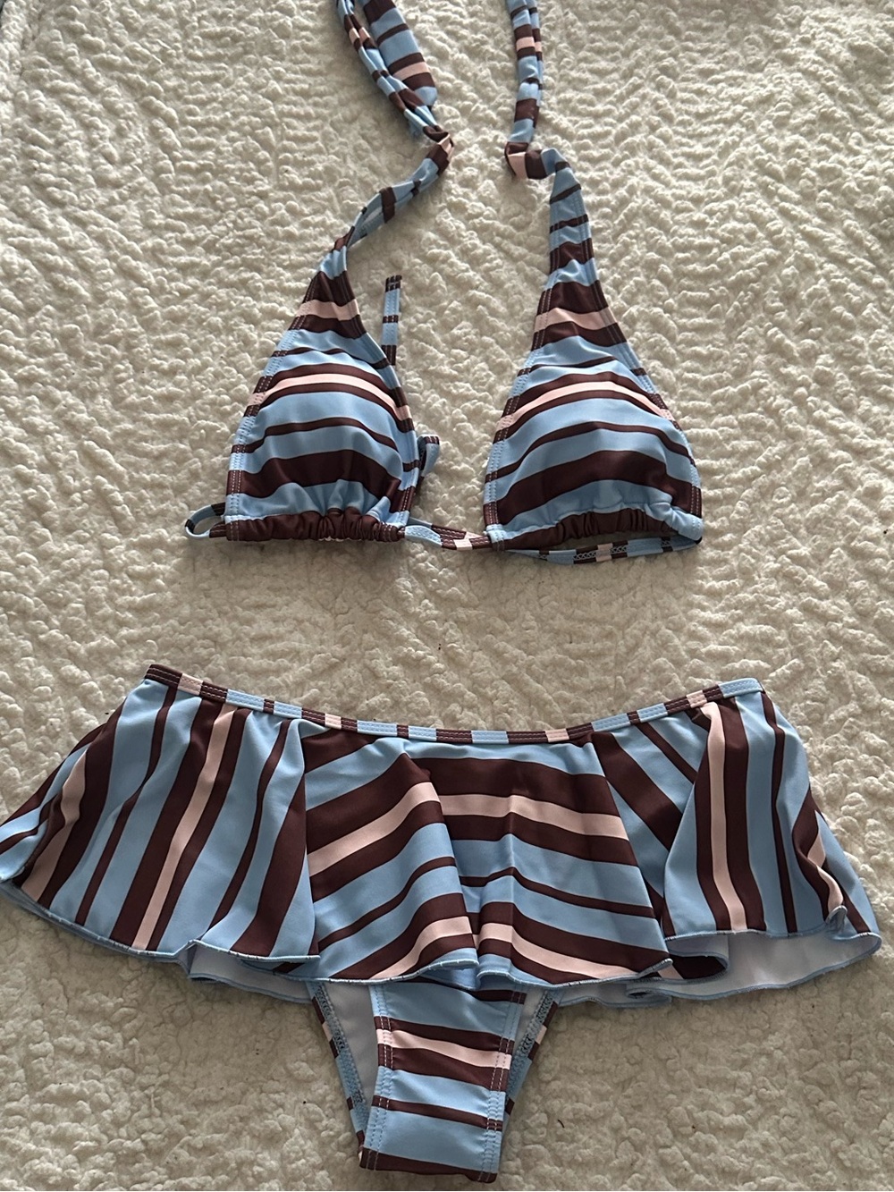 SMALL Striped Two-Piece Bikini Set in Light Blue and Brown